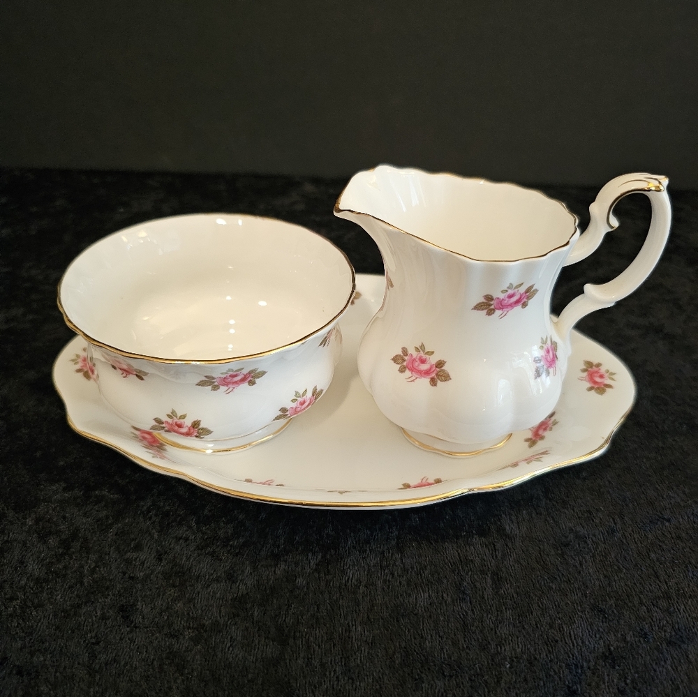 Vintage 3pc Royal Albert Bone China Set - Tray, Creamer And Sugar Bowl